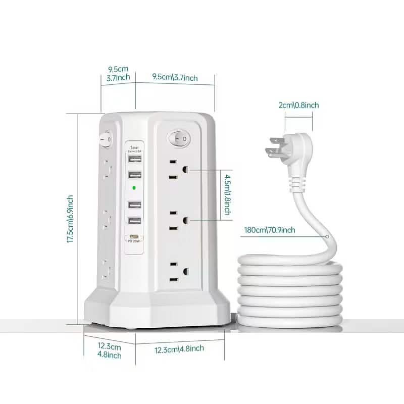 Surge Protector Tower – 12 AC Outlets, 4 USB-A, USB-C PD 18W, 1800J, 10FT Cord