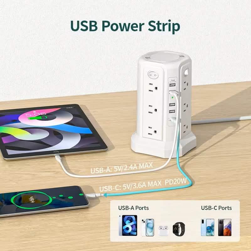 Surge Protector Tower – 12 AC Outlets, 4 USB-A, USB-C PD 18W, 1800J, 10FT Cord