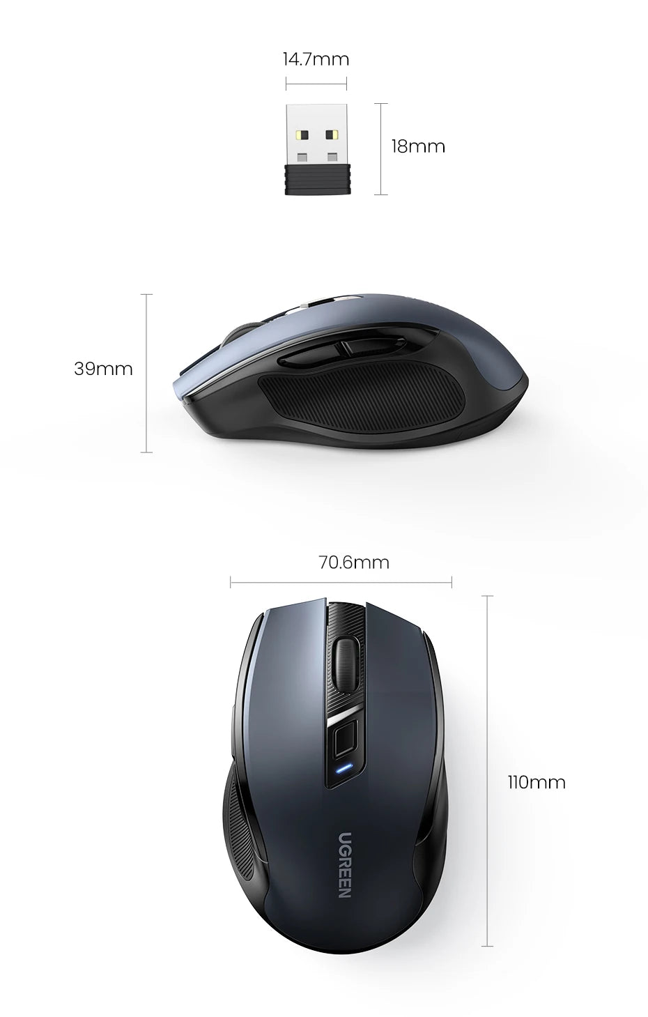UGREEN Ergonomic Wireless Mouse – Bluetooth & 2.4G, Silent, 4000 DPI, 6 Buttons for PC & Mac