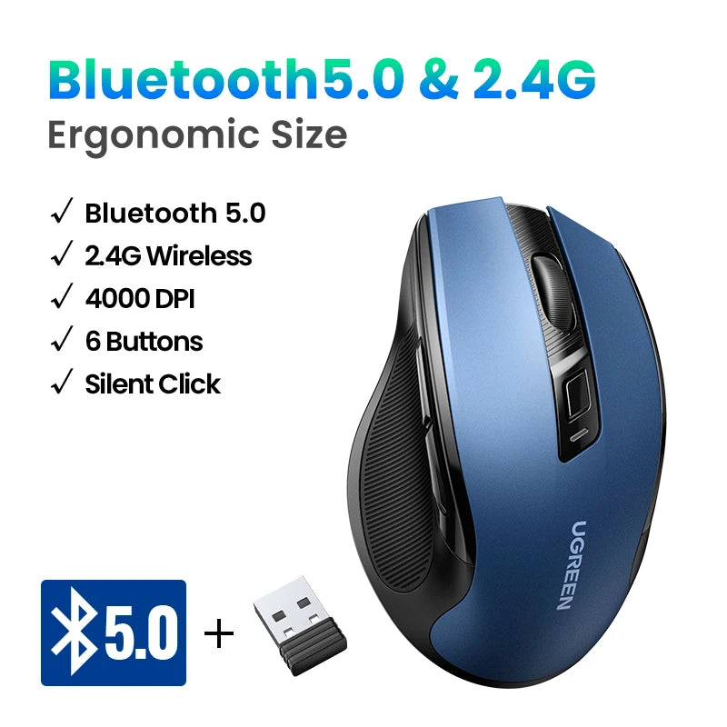 UGREEN Ergonomic Wireless Mouse – Bluetooth & 2.4G, Silent, 4000 DPI, 6 Buttons for PC & Mac