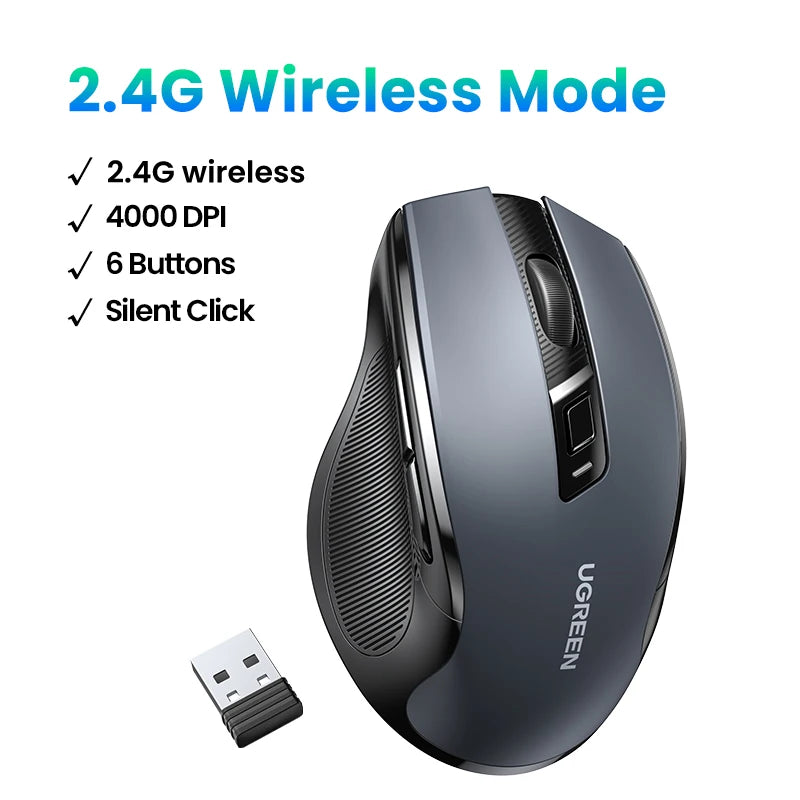 UGREEN Ergonomic Wireless Mouse – Bluetooth & 2.4G, Silent, 4000 DPI, 6 Buttons for PC & Mac