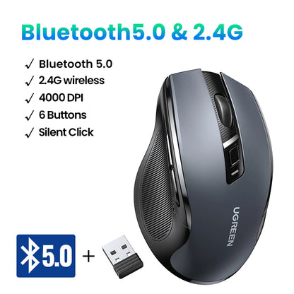 UGREEN Ergonomic Wireless Mouse – Bluetooth & 2.4G, Silent, 4000 DPI, 6 Buttons for PC & Mac