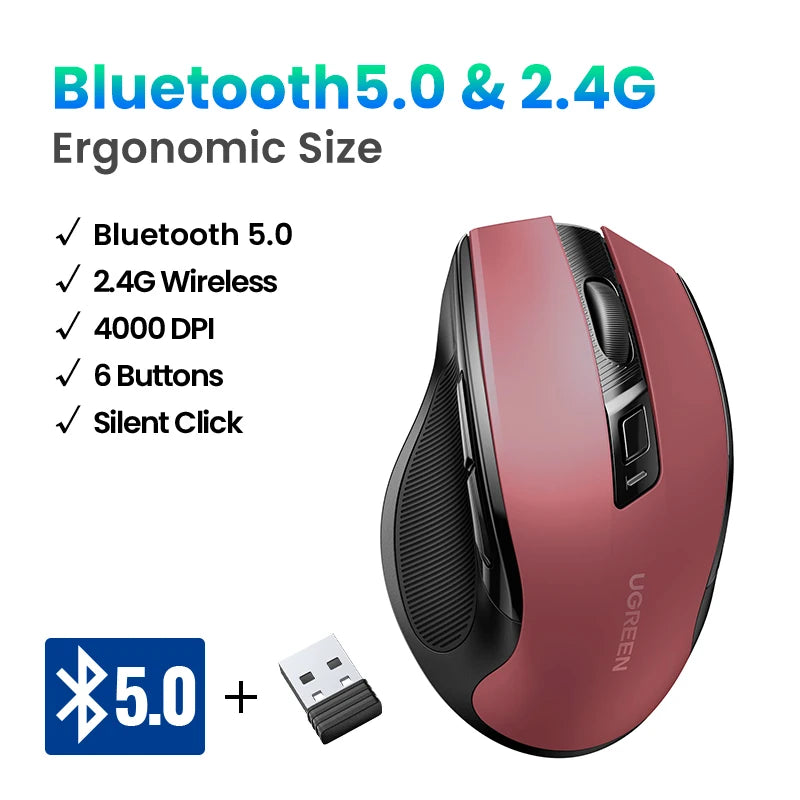 UGREEN Ergonomic Wireless Mouse – Bluetooth & 2.4G, Silent, 4000 DPI, 6 Buttons for PC & Mac