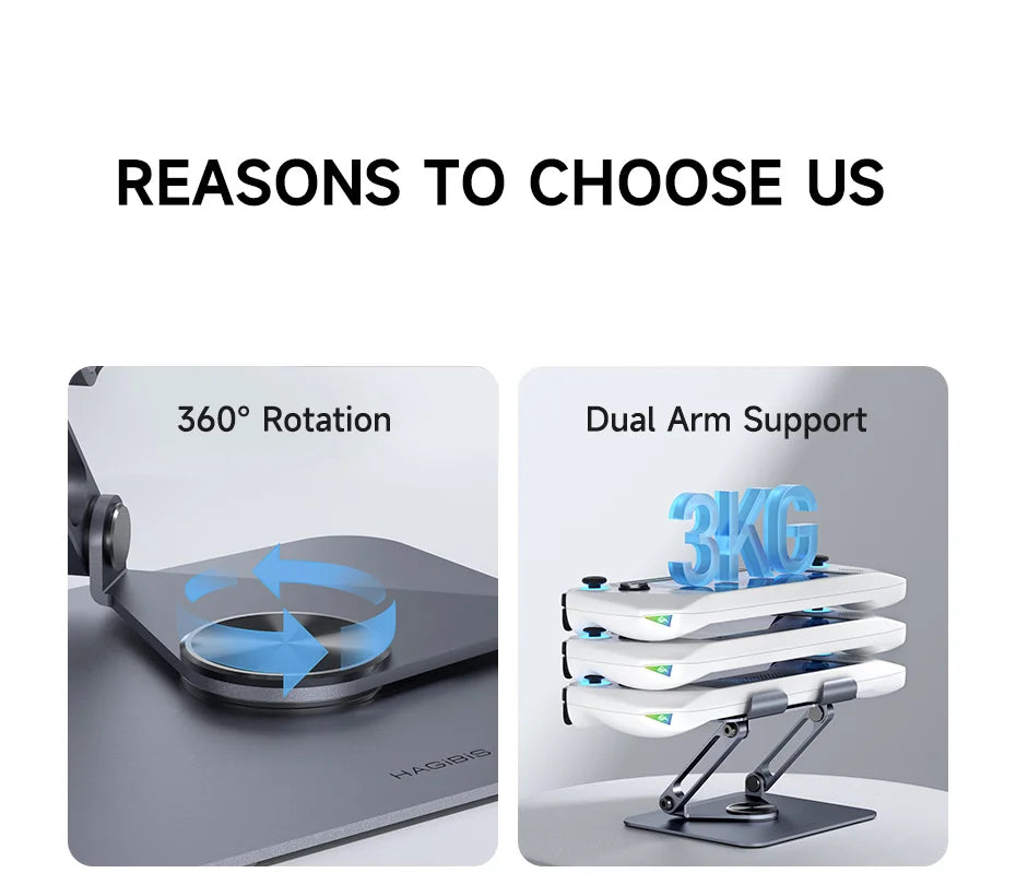 Hagibis 360° Rotating Tablet Stand Adjustable Tablet Holder Dual Rod Support Aluminum Foldable Cradle for iPad Pro Switch ROG