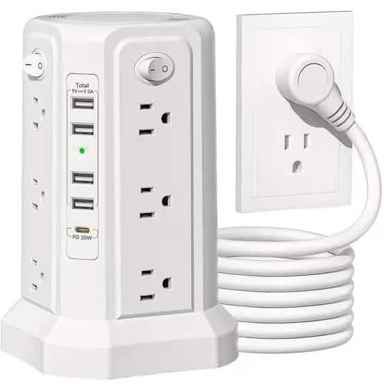 Surge Protector Tower – 12 AC Outlets, 4 USB-A, USB-C PD 18W, 1800J, 10FT Cord