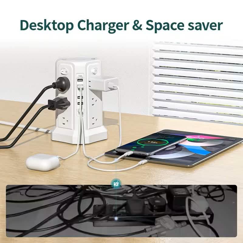 Surge Protector Tower – 12 AC Outlets, 4 USB-A, USB-C PD 18W, 1800J, 10FT Cord