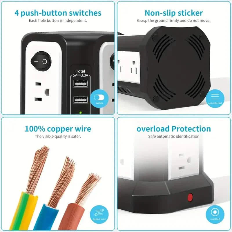 Surge Protector Tower – 12 AC Outlets, 4 USB-A, USB-C PD 18W, 1800J, 10FT Cord
