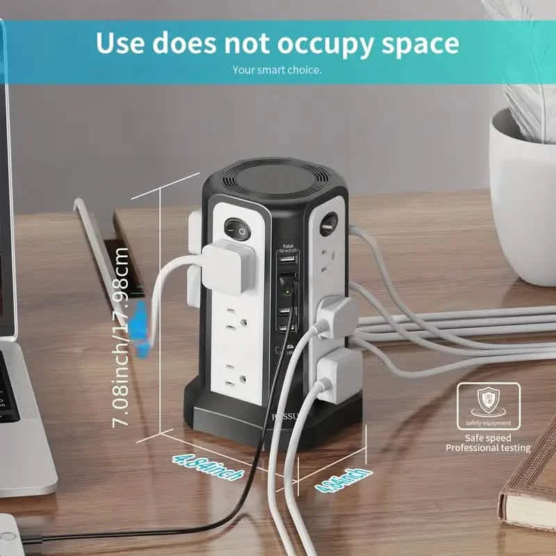 Surge Protector Tower – 12 AC Outlets, 4 USB-A, USB-C PD 18W, 1800J, 10FT Cord