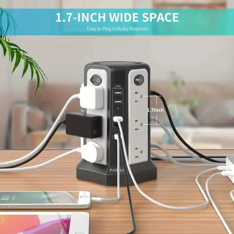 Surge Protector Tower – 12 AC Outlets, 4 USB-A, USB-C PD 18W, 1800J, 10FT Cord
